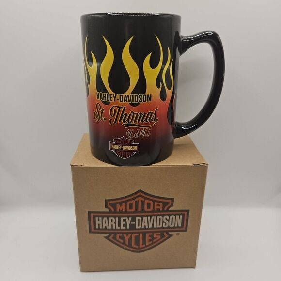 Harley Davidson Motor Cycles 2017 St. Thomas USVI With Flames Coffee Cup Mug - Picture 1 of 14